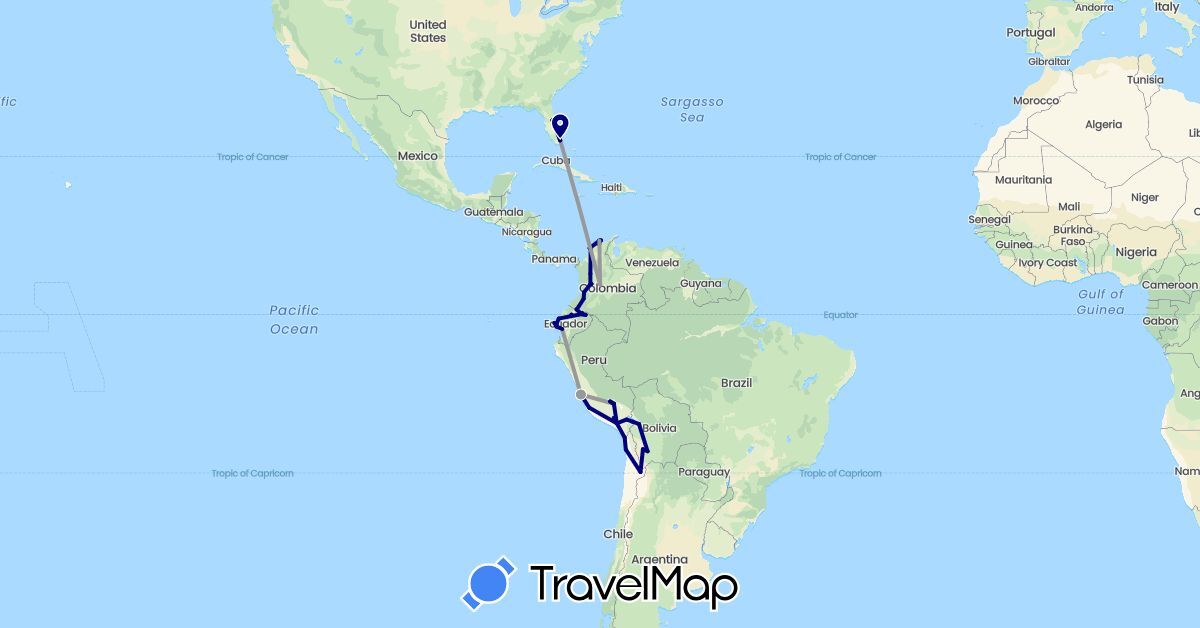 TravelMap itinerary: driving, plane in Bolivia, Chile, Colombia, Ecuador, Peru, United States (North America, South America)